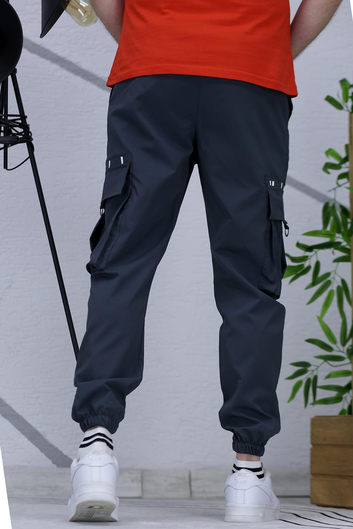 Erkek Paraşüt Jogger Paçası Lastikli Pantolon (DAR KESİM) - Füme