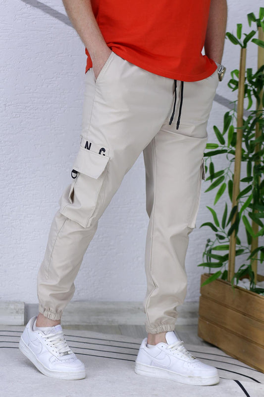 Erkek Paraşüt Jogger Paçası Lastikli Pantolon (DAR KESİM) - Bej