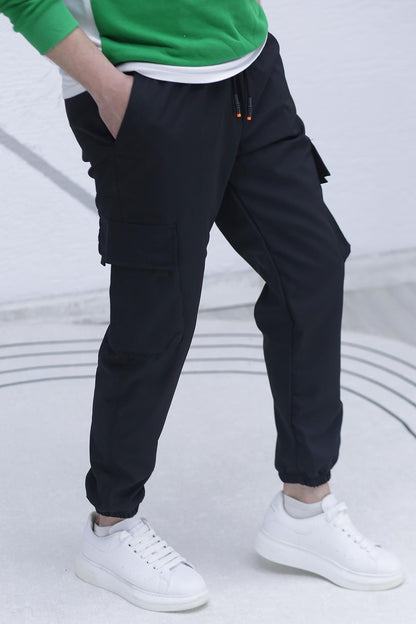 Erkek Paraşüt Kumaş Kargo Jogger Pantalon (DAR KESİM) - Siyah
