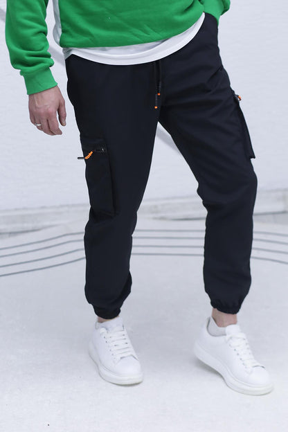 Erkek Paraşüt Kumaş Kargo Jogger Pantalon (DAR KESİM) - Siyah