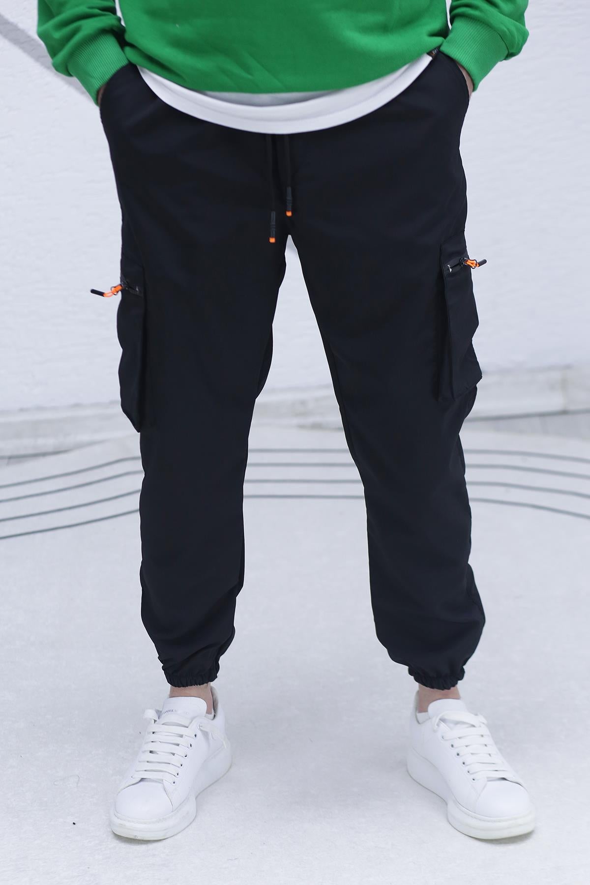 Erkek Paraşüt Kumaş Kargo Jogger Pantalon (DAR KESİM) - Siyah