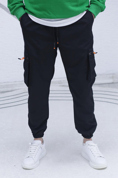 Erkek Paraşüt Kumaş Kargo Jogger Pantalon (DAR KESİM) - Siyah