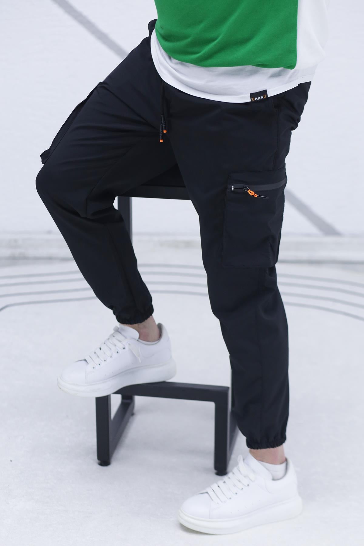 Erkek Paraşüt Kumaş Kargo Jogger Pantalon (DAR KESİM) - Siyah