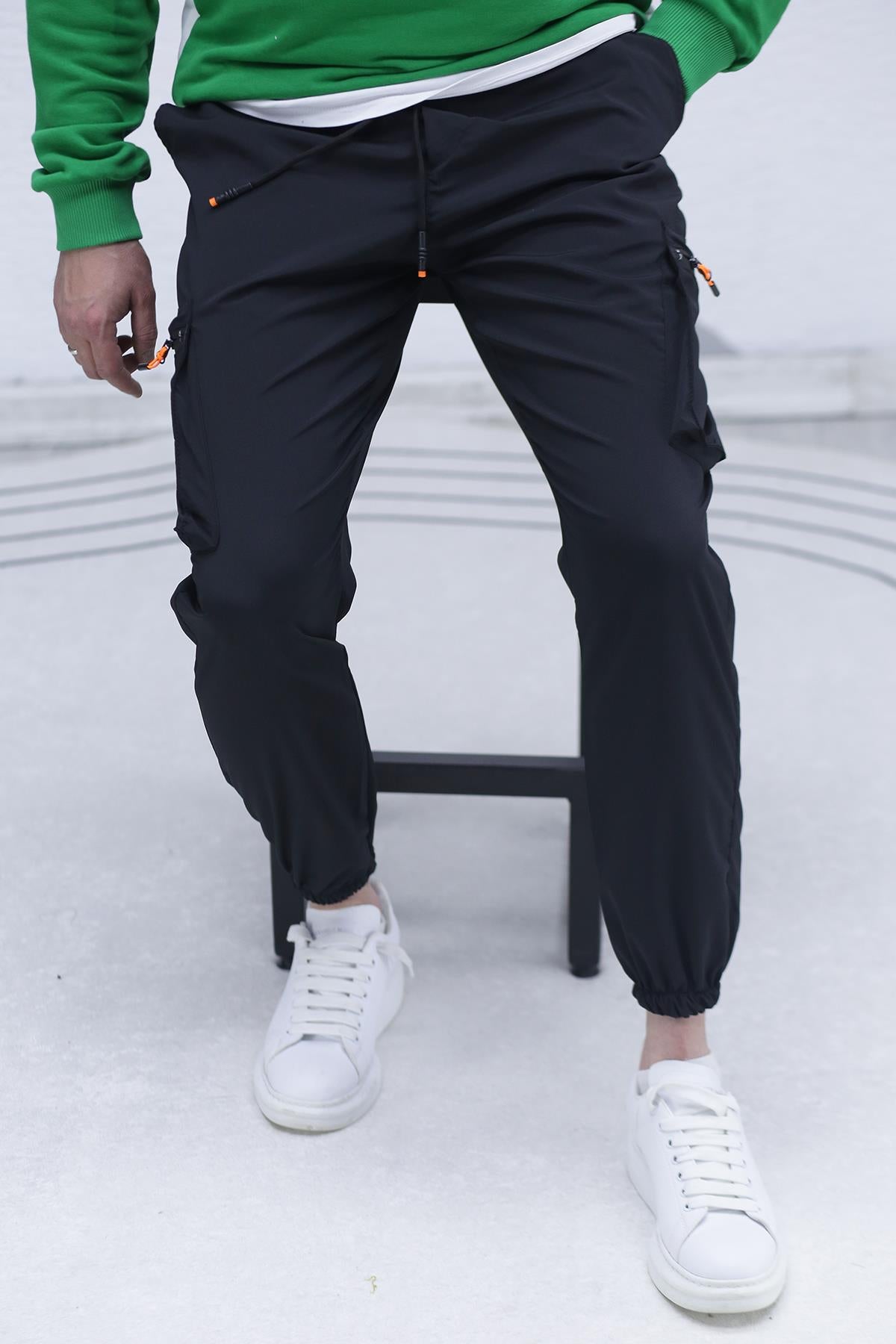 Erkek Paraşüt Kumaş Kargo Jogger Pantalon (DAR KESİM) - Siyah