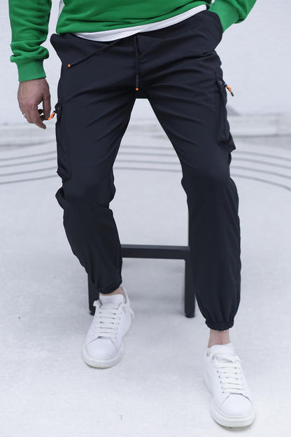 Erkek Paraşüt Kumaş Kargo Jogger Pantalon (DAR KESİM) - Siyah