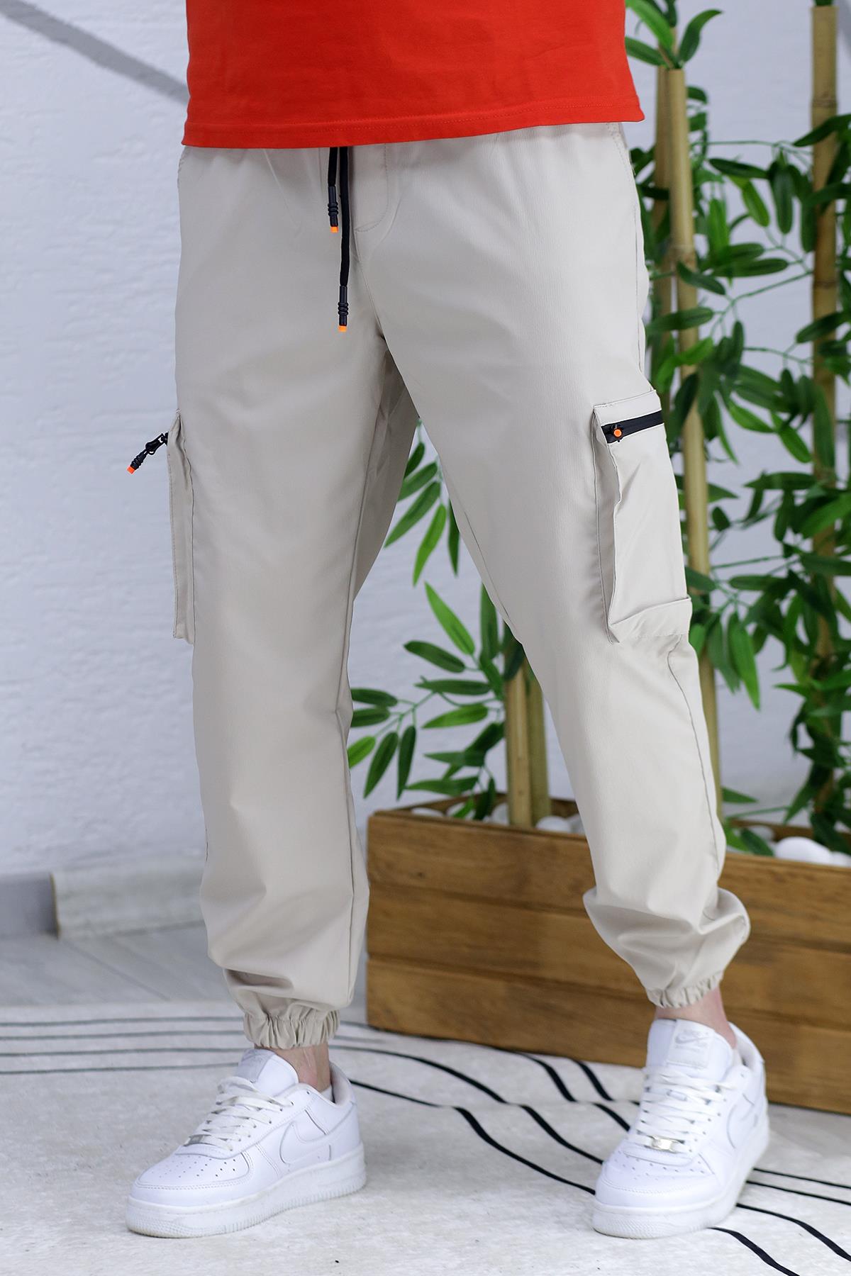 Erkek Paraşüt Kumaş Kargo Jogger Pantalon (DAR KESİM) - Bej
