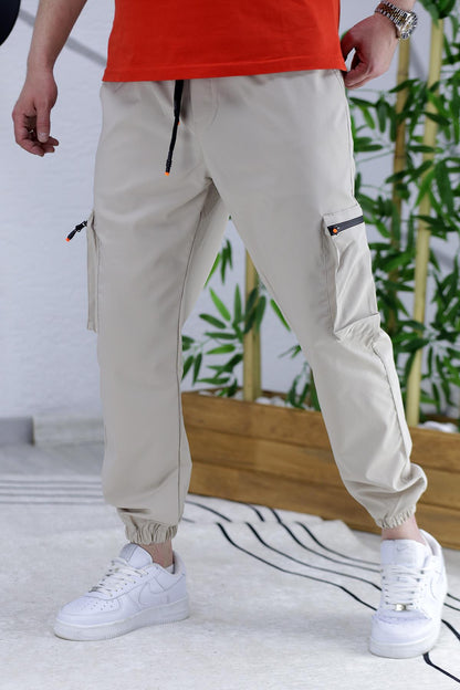 Erkek Paraşüt Kumaş Kargo Jogger Pantalon (DAR KESİM) - Bej