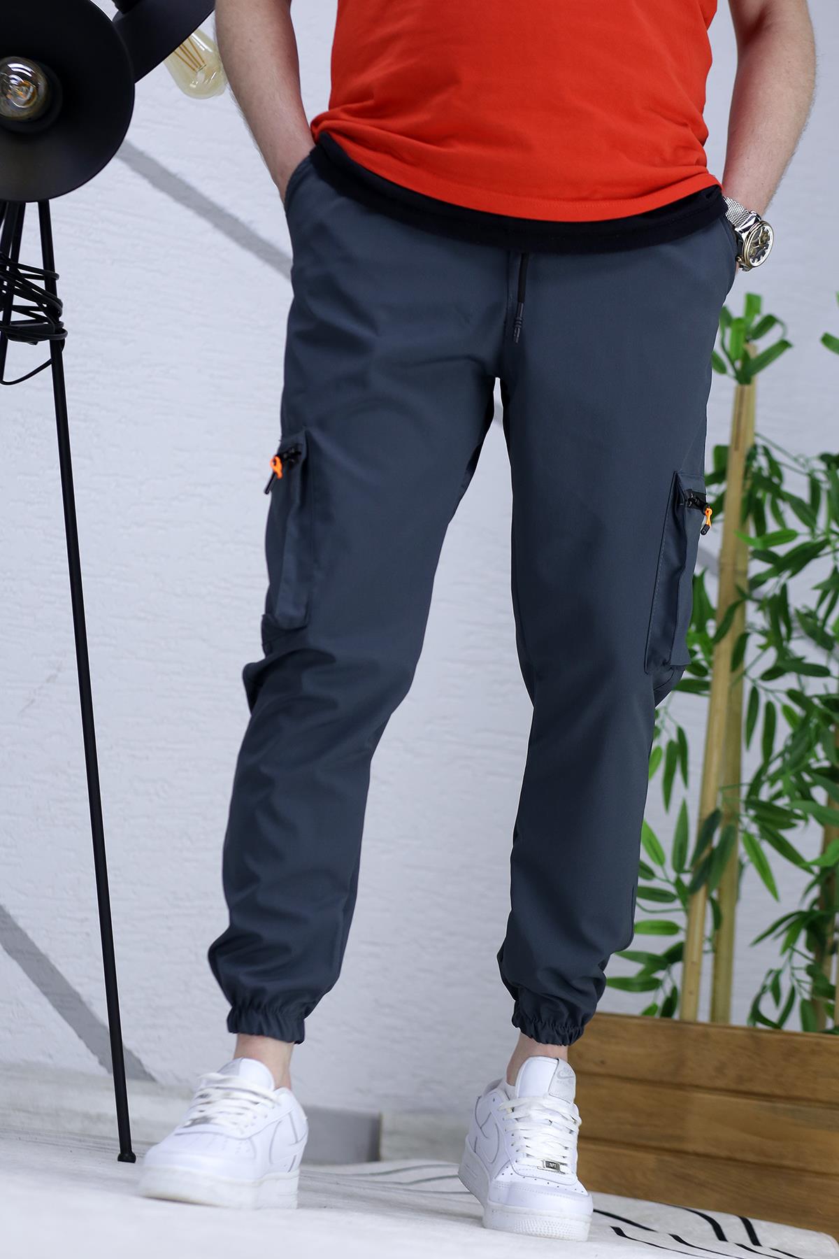 Erkek Paraşüt Kumaş Kargo Jogger Pantalon (DAR KESİM) - Füme