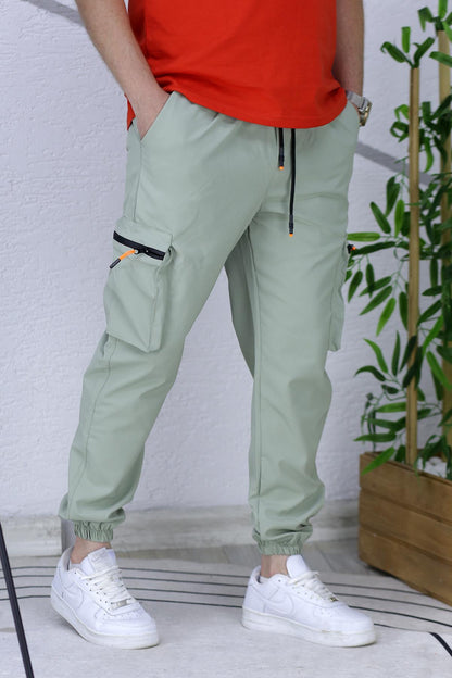 Erkek Paraşüt Kumaş Kargo Jogger Pantalon (DAR KESİM) - Su Yeşili