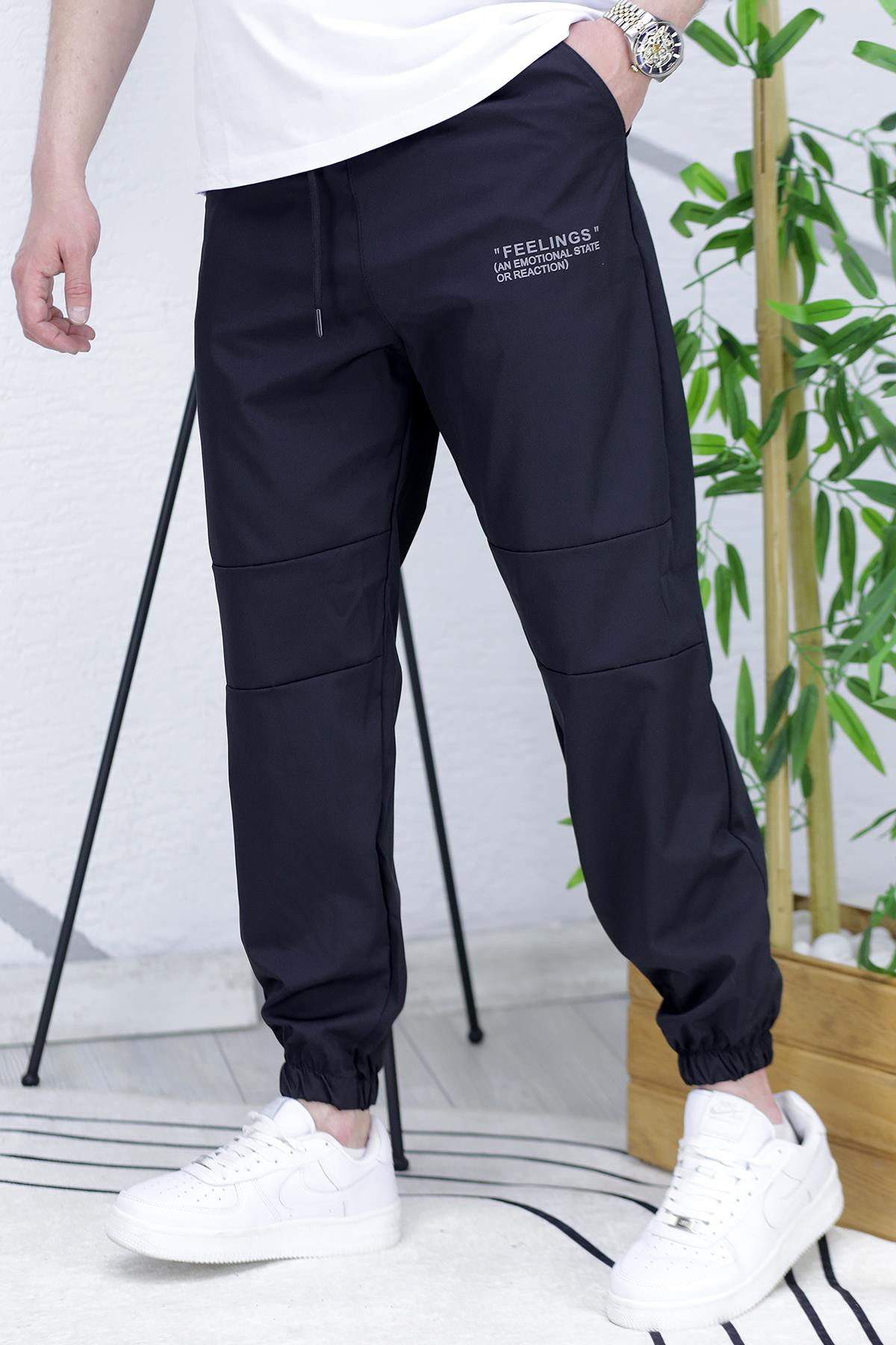 Erkek Paraşüt Kumaş Spor Siyah Pantolon - Siyah