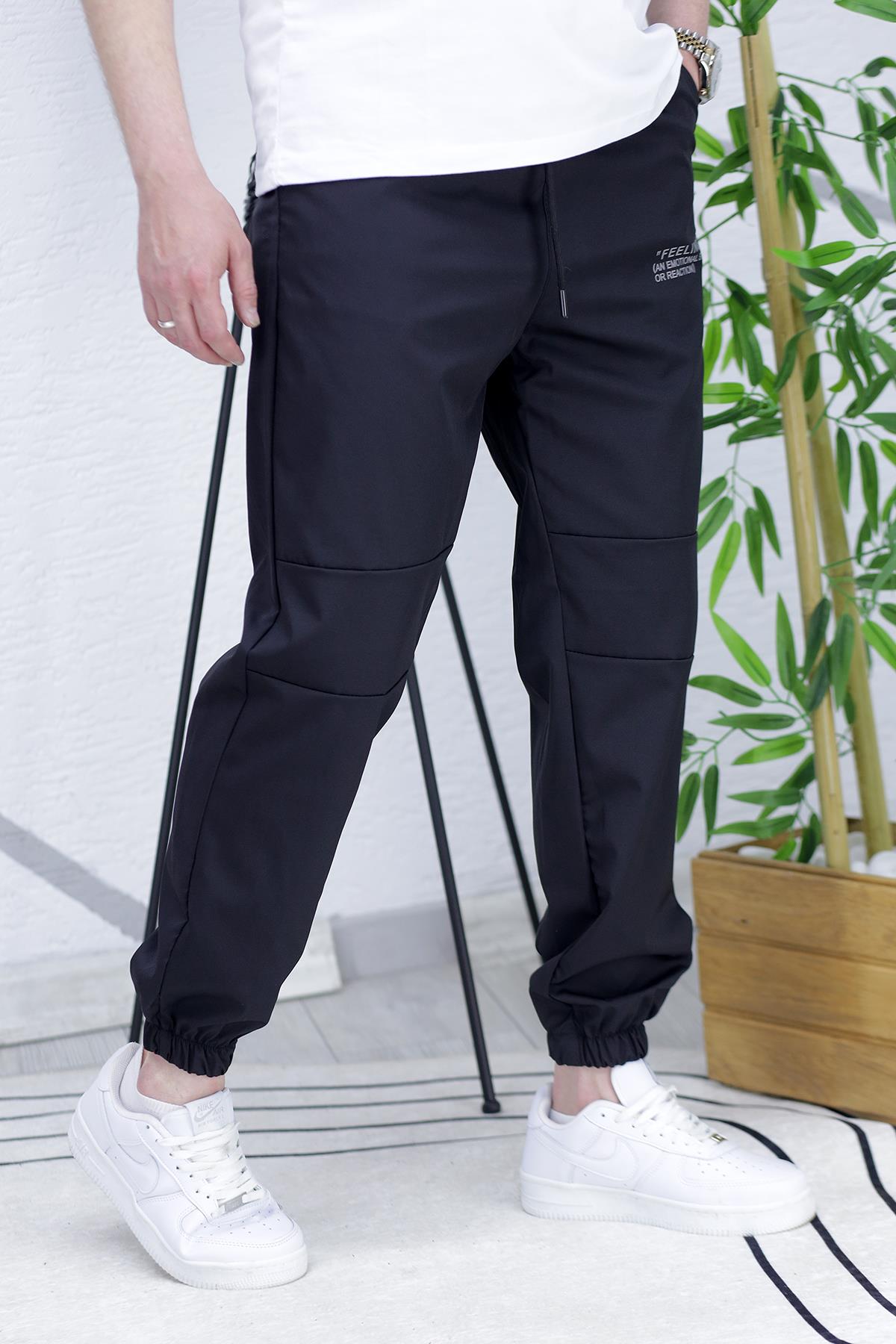 Erkek Paraşüt Kumaş Spor Siyah Pantolon - Siyah