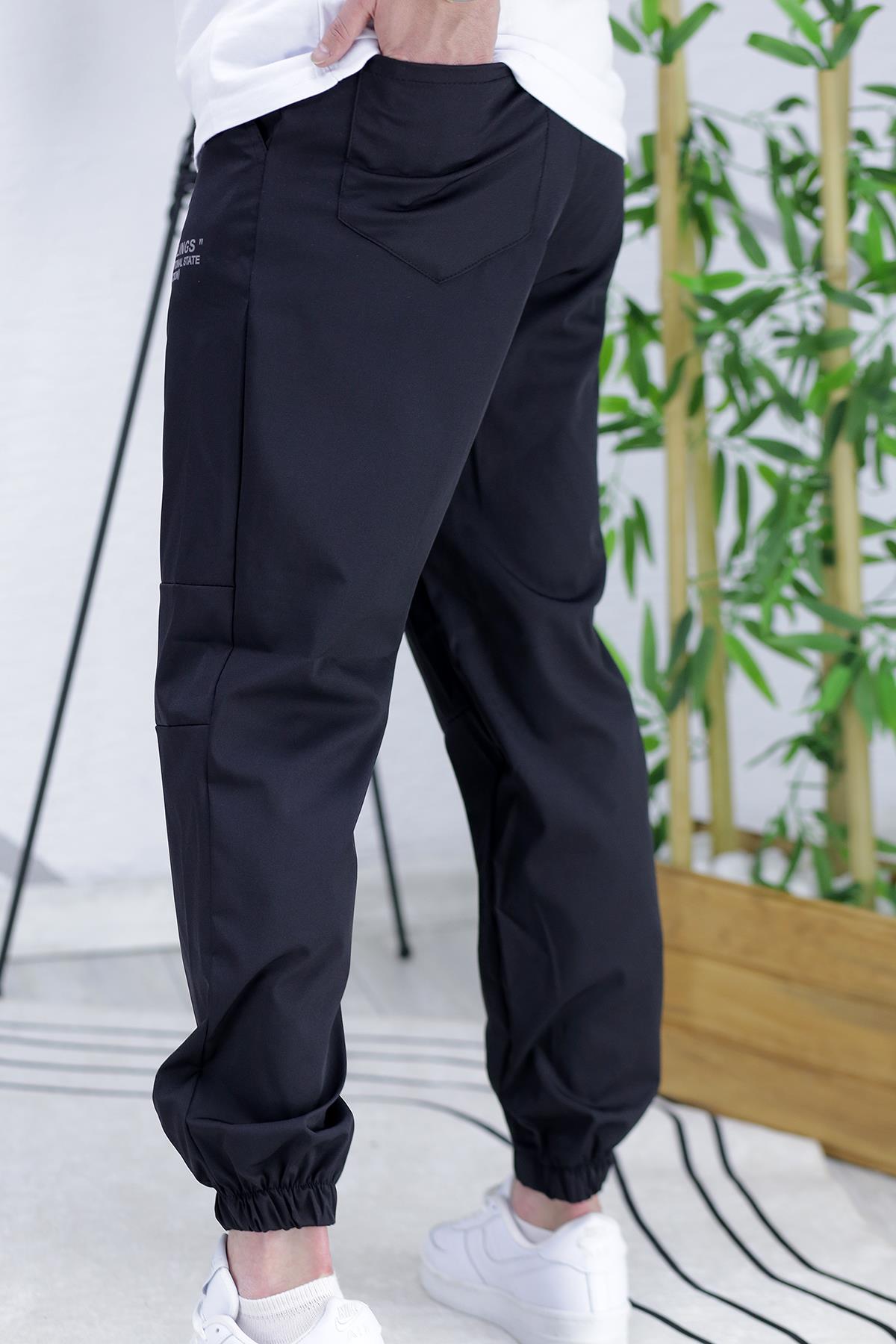 Erkek Paraşüt Kumaş Spor Siyah Pantolon - Siyah