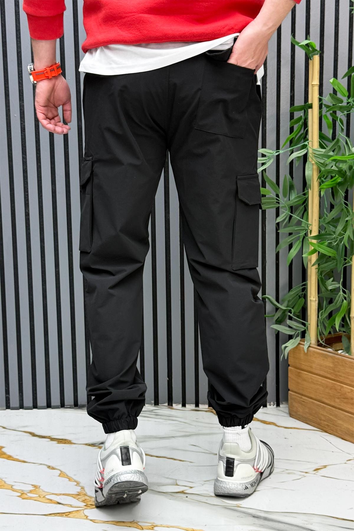 Erkek Rahat Kullanım Beli Lastikli Paraşüt Kargo Pantolon - Siyah