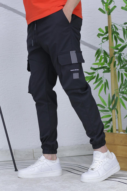 Erkek Reflektörlü Jogger Kargo Pantolon - Siyah