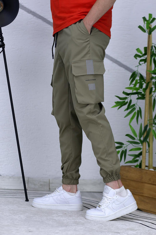 Erkek Reflektörlü Jogger Kargo Pantolon - Haki Yeşil