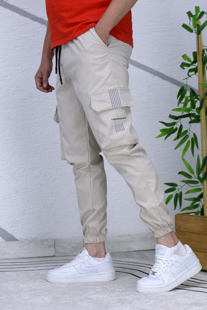 Erkek Reflektörlü Jogger Kargo Pantolon - Bej
