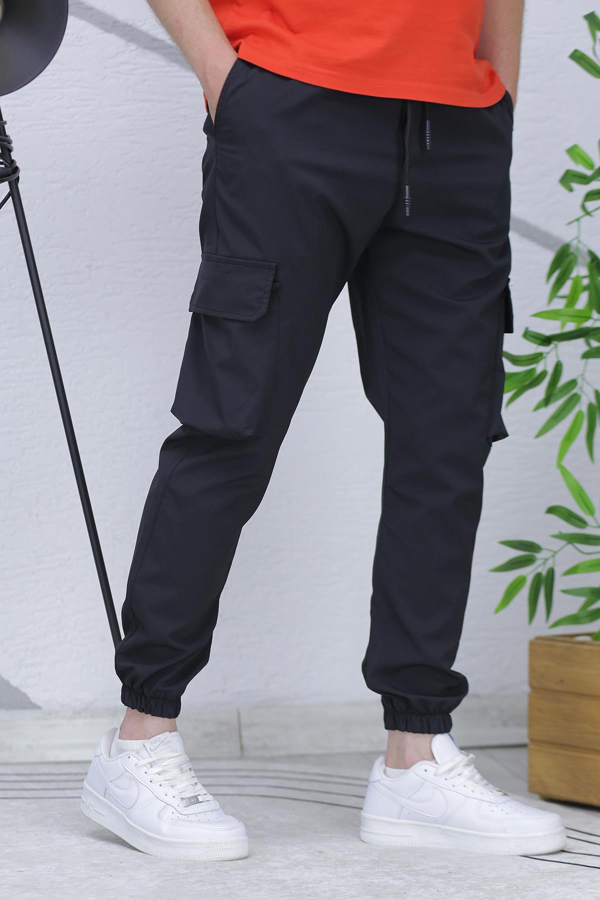 Erkek Reflektörlü Jogger Kargo Pantolon - Siyah