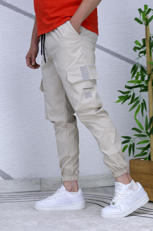 Erkek Reflektörlü Jogger Kargo Pantolon - Bej