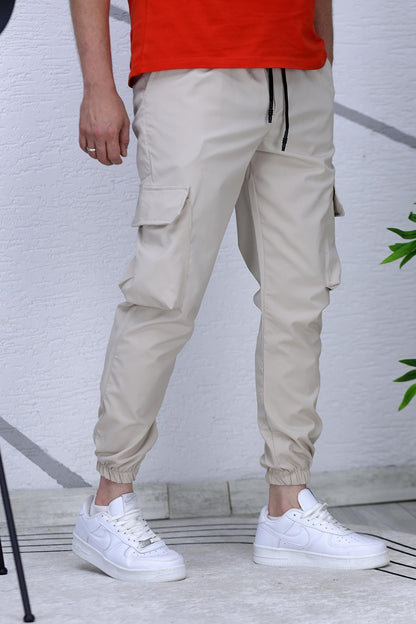 Erkek Reflektörlü Jogger Kargo Pantolon - Bej