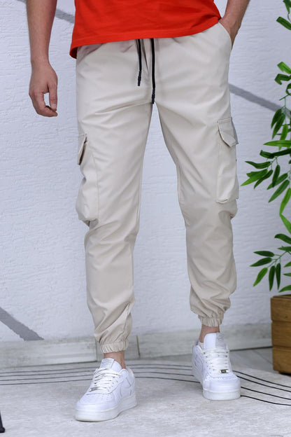 Erkek Reflektörlü Jogger Kargo Pantolon - Bej