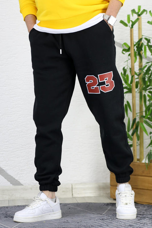 Erkek Şardonlu Üç İplik 23 Baskılı Eşofman Altı - Siyah