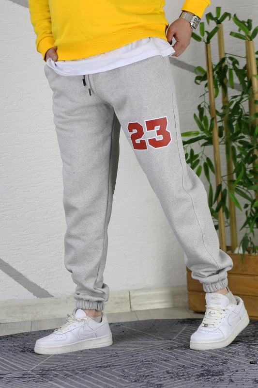 Erkek Şardonlu Üç İplik 23 Baskılı Eşofman Altı - Gri