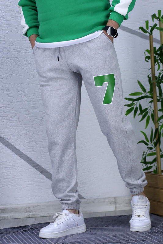 Erkek Şardonlu Üç İplik 7 Rakamlı Baskılı Eşofman Altı - Gri