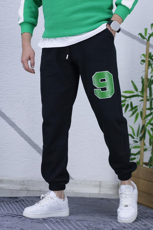 Erkek Şardonlu Üç İplik 9 Rakam Baskılı Eşofman Altı - Siyah