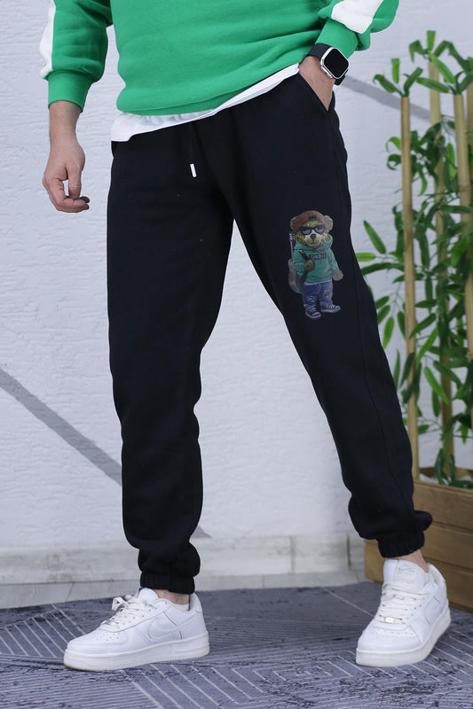 Erkek Şardonlu Üç İplik Ayı Baskılı Eşofman Altı - Siyah