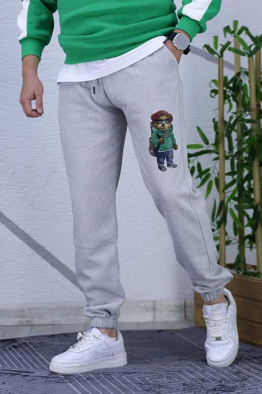 Erkek Şardonlu Üç İplik Ayı Baskılı Eşofman Altı - Gri