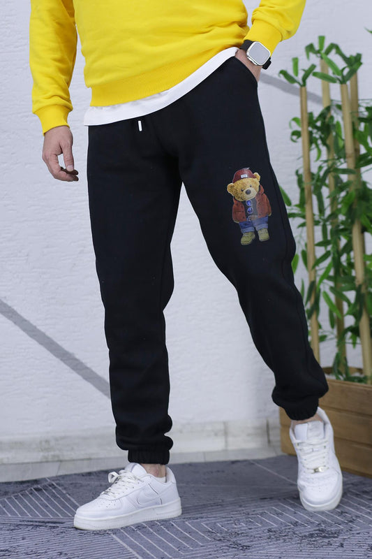 Erkek Şardonlu Üç İplik Ayıcık Baskılı Eşofman Altı - Siyah