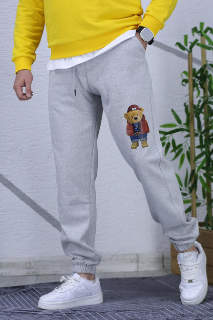 Erkek Şardonlu Üç İplik Ayıcık Baskılı Eşofman Altı - Gri