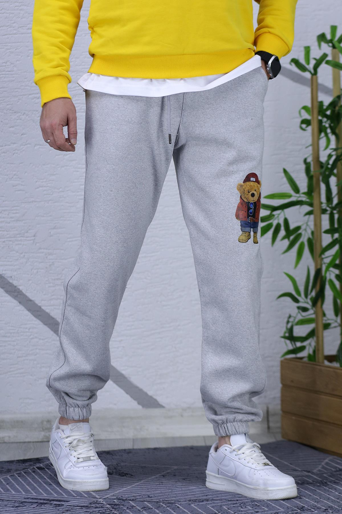 Erkek Şardonlu Üç İplik Ayıcık Baskılı Eşofman Altı - Gri