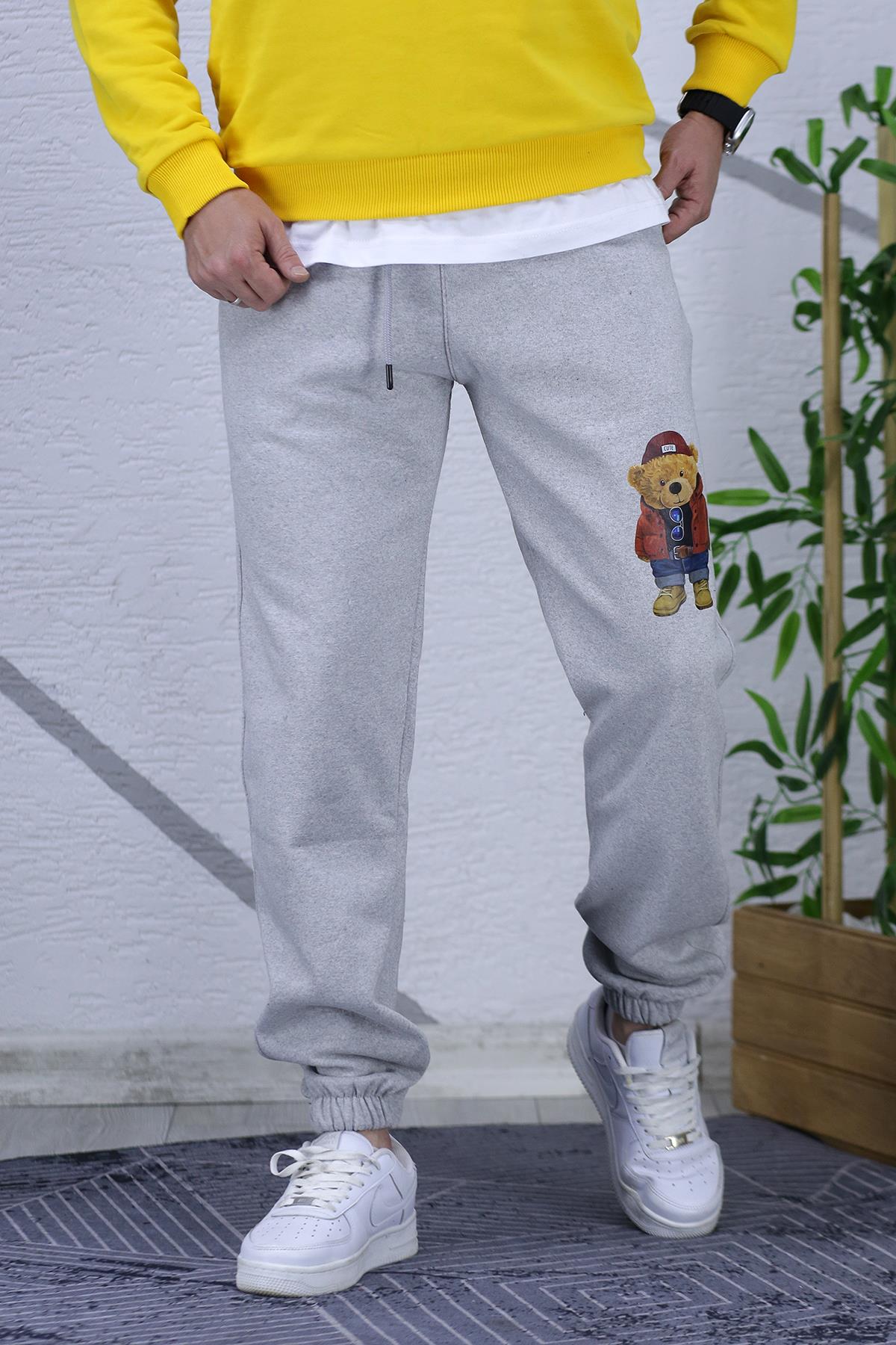 Erkek Şardonlu Üç İplik Ayıcık Baskılı Eşofman Altı - Gri