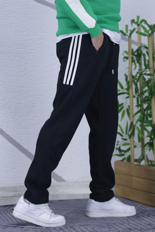 Erkek Şardonlu Üç İplik Düz Paça Yarım Şeritli Eşofman Altı - Siyah