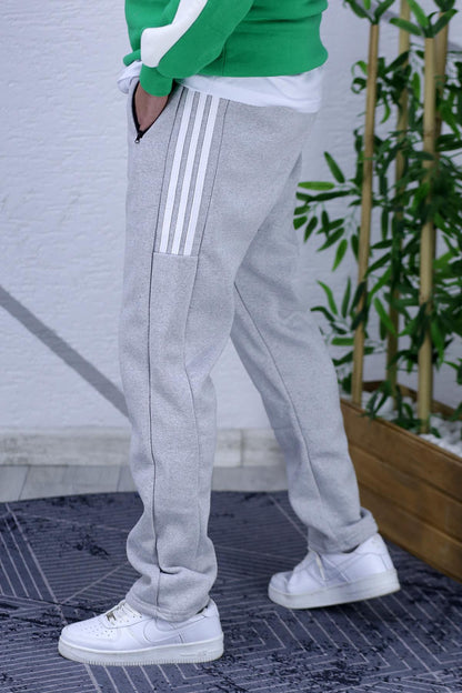 Erkek Şardonlu Üç İplik Düz Paça Yarım Şeritli Eşofman Altı - Gri
