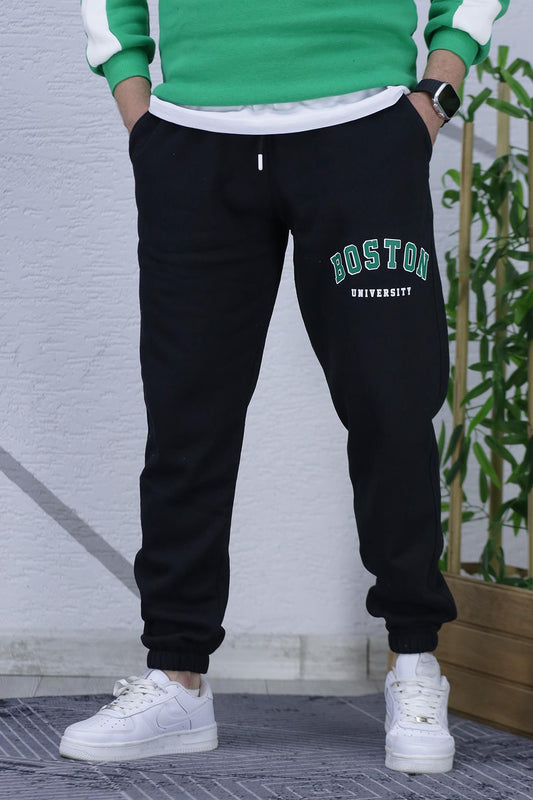 Erkek Şardonlu Üç İplik Eşofman Altı Boston Yan Baskı - Siyah