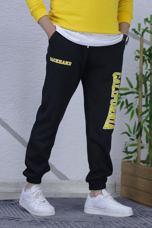 Erkek Şardonlu Üç İplik Eşofman Altı California Yan Baskı - Siyah