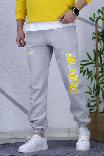 Erkek Şardonlu Üç İplik Eşofman Altı California Yan Baskı - Gri