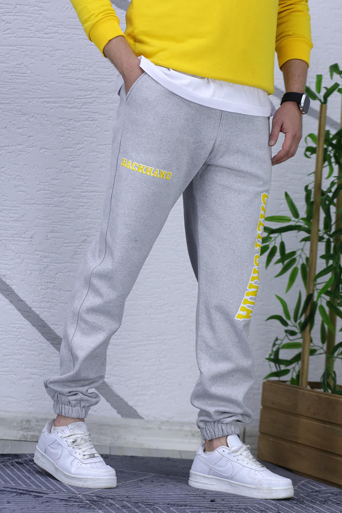 Erkek Şardonlu Üç İplik Eşofman Altı California Yan Baskı - Gri