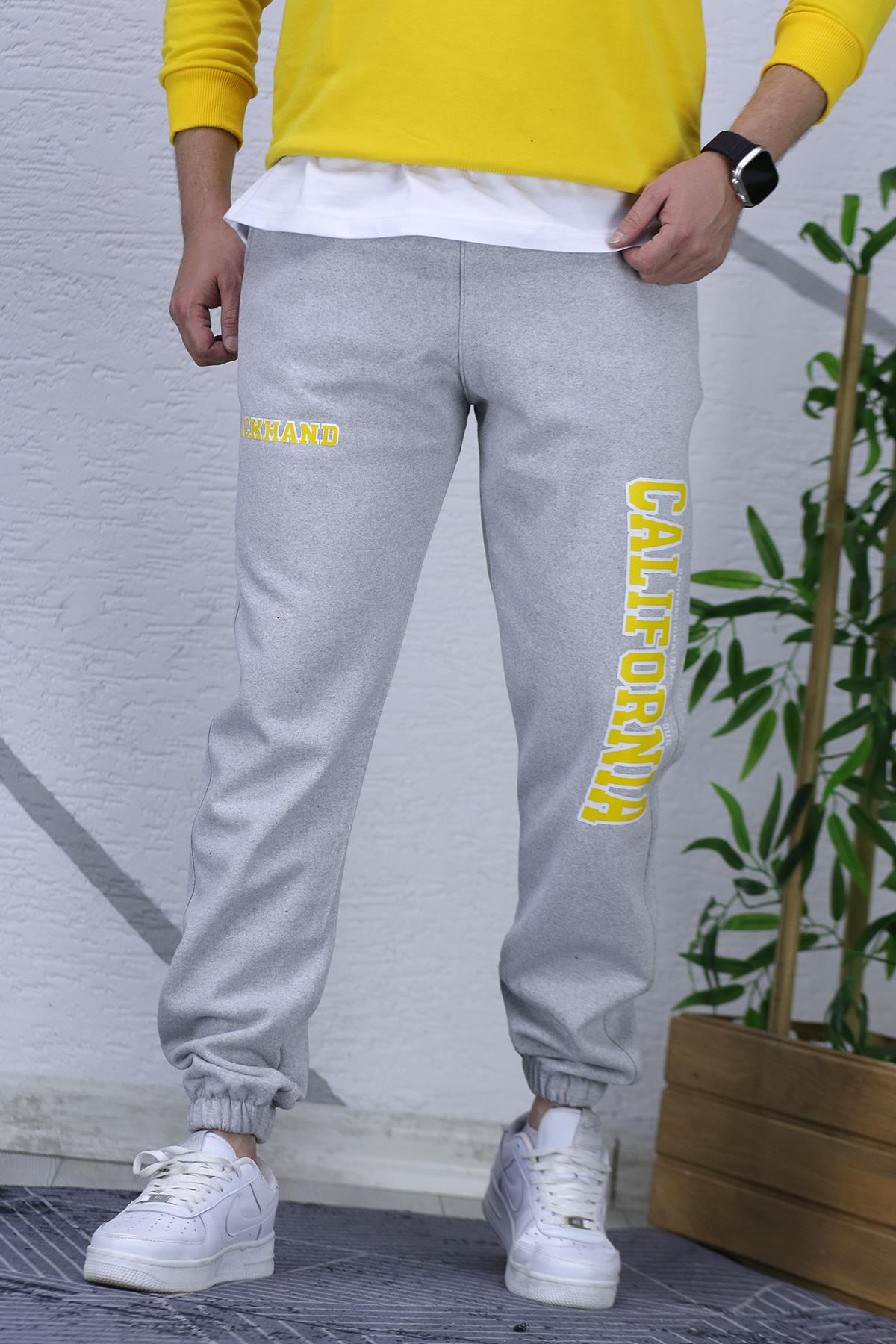 Erkek Şardonlu Üç İplik Eşofman Altı California Yan Baskı - Gri