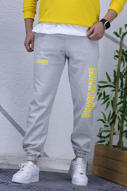 Erkek Şardonlu Üç İplik Eşofman Altı California Yan Baskı - Gri