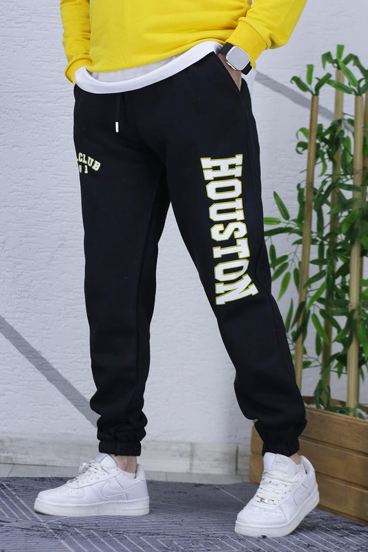 Erkek Şardonlu Üç İplik Eşofman Altı Houston Yan Baskı - Siyah