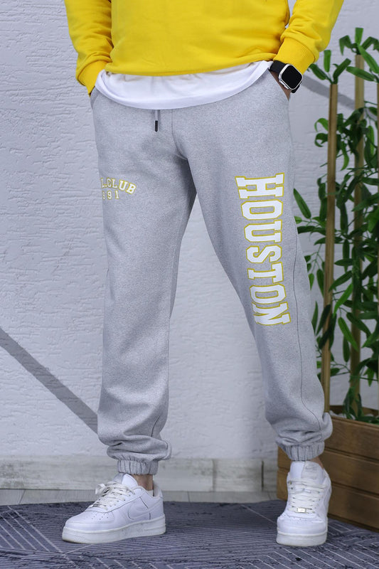 Erkek Şardonlu Üç İplik Eşofman Altı Houston Yan Baskı - Gri