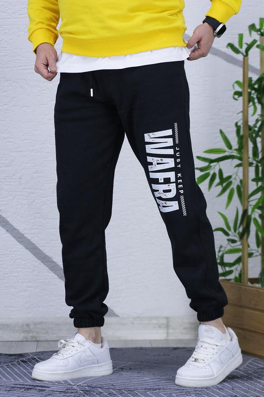 Erkek Şardonlu Üç İplik Eşofman Altı Wafra Baskılı - Siyah