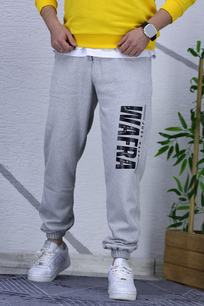 Erkek Şardonlu Üç İplik Eşofman Altı Wafra Baskılı - Gri