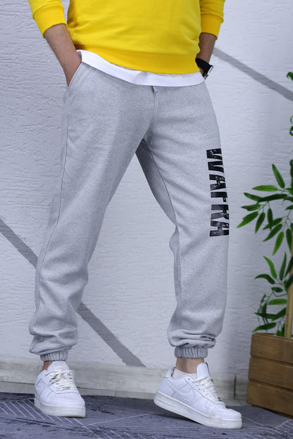 Erkek Şardonlu Üç İplik Eşofman Altı Wafra Baskılı - Gri