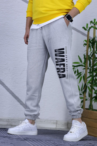 Erkek Şardonlu Üç İplik Eşofman Altı Wafra Baskılı - Gri