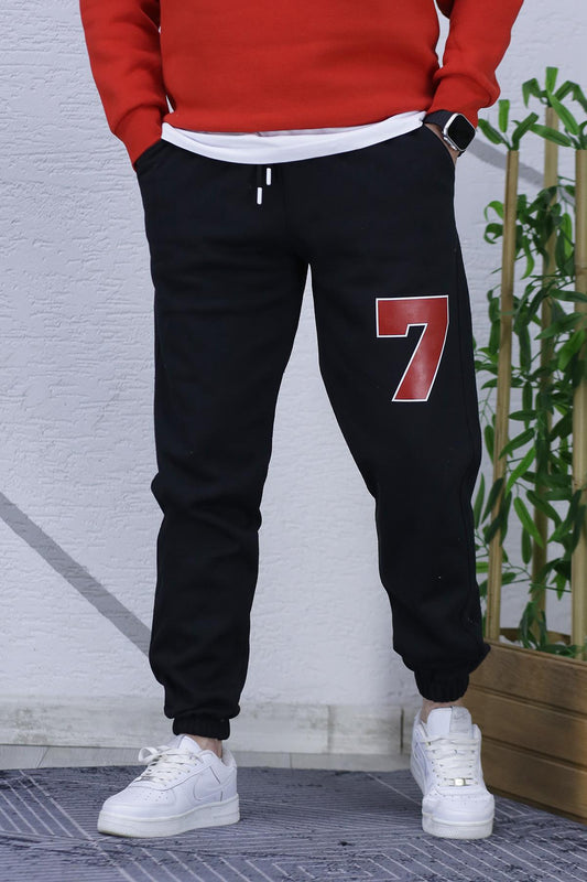 Erkek Şardonlu Üç İplik Kırmızı 7 Baskılı Eaşofman Altı - Siyah