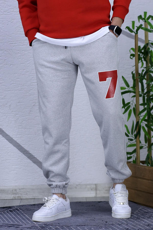 Erkek Şardonlu Üç İplik Kırmızı 7 Baskılı Eaşofman Altı - Gri